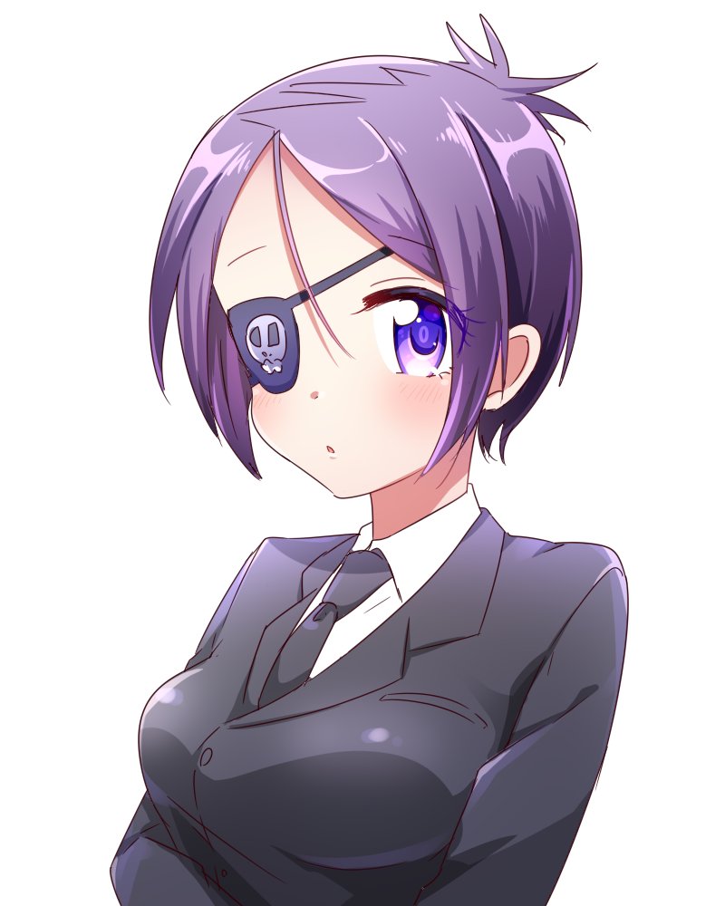 1girl blush breasts chrome_dokuro eyepatch formal katekyo_hitman_reborn looking_at_viewer momo_tomato necktie open_mouth purple_hair short_hair simple_background solo suit violet_eyes white_background