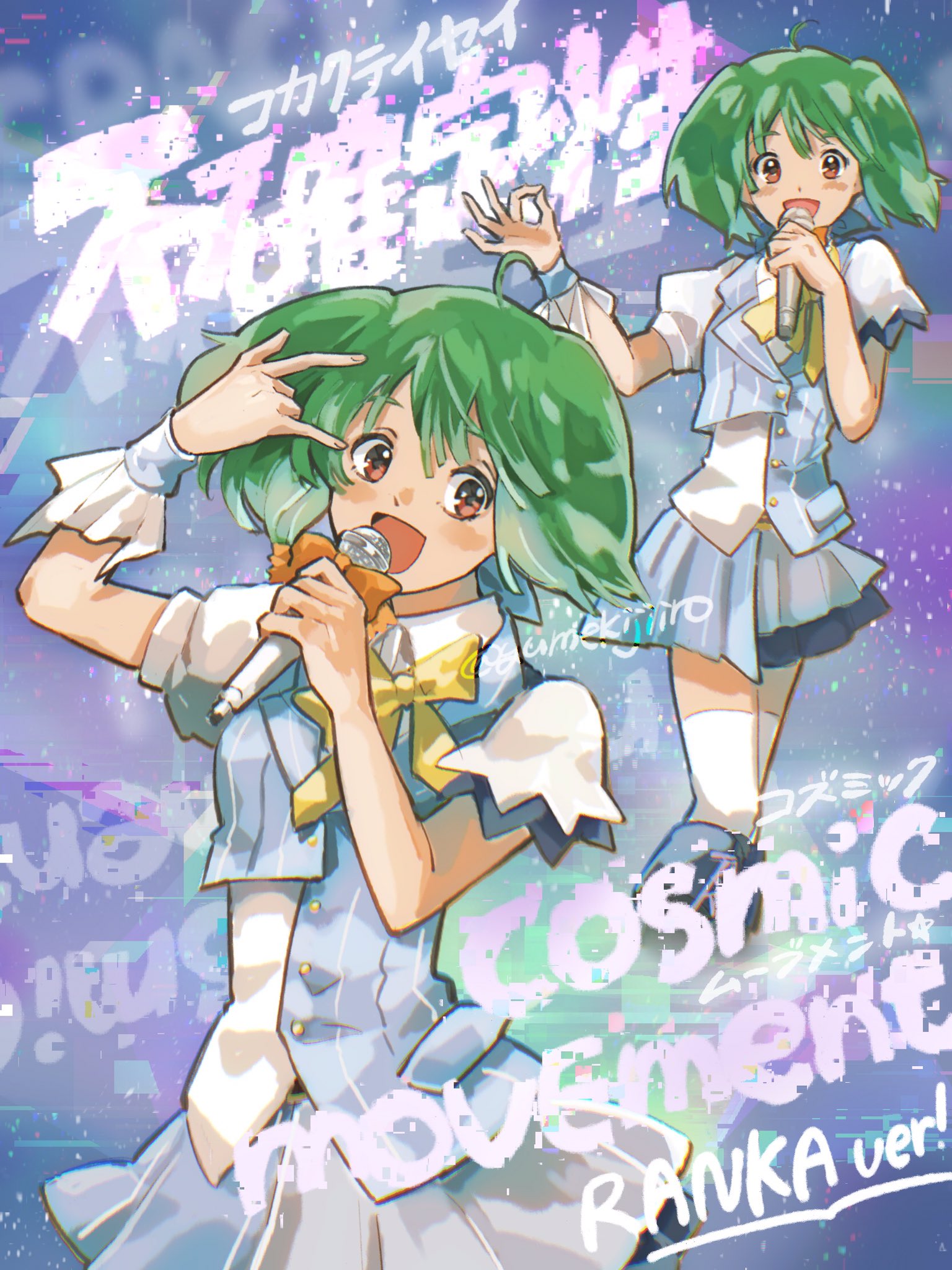 1girl :d \m/ blue_jacket blue_skirt bow brown_eyes collared_shirt green_hair head_tilt highres holding holding_microphone idol jacket looking_down macross macross_frontier microphone multiple_views open_mouth ranka_lee shirt short_hair skirt sleeveless sleeveless_jacket smile thigh-highs white_legwear white_shirt wrist_cuffs yellow_bow yumekijiiro