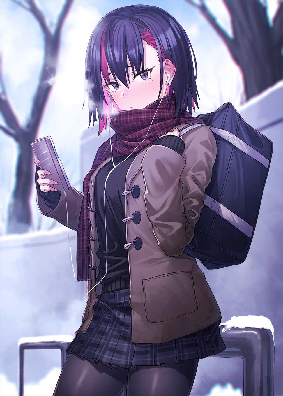 1girl bag bare_tree black_hair black_legwear blue_bag blush breath brown_jacket cellphone closed_mouth cold earrings eyebrows_visible_through_hair grey_skirt hair_between_eyes highres holding holding_phone ibuki_notsu jacket jewelry looking_at_viewer medium_hair multicolored_hair open_clothes open_jacket original outdoors pantyhose phone pink_hair plaid plaid_skirt purple_hair railing red_scarf scarf school_bag skirt sleeves_past_wrists snow solo streaked_hair tree violet_eyes winter_clothes