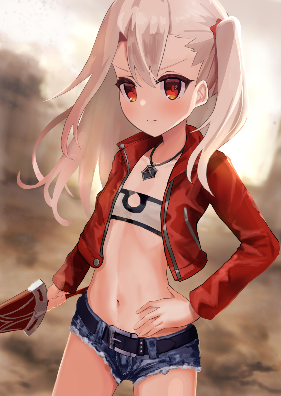 1girl bandeau bangs belt blue_shorts blush breasts clarent_(fate) cosplay cutoffs denim denim_shorts fate/apocrypha fate/kaleid_liner_prisma_illya fate_(series) hair_between_eyes highres illyasviel_von_einzbern jacket jewelry long_hair long_sleeves looking_at_viewer mordred_(memories_at_trifas)_(fate) mordred_(memories_at_trifas)_(fate)_(cosplay) navel necklace open_clothes open_jacket pan_korokorosuke red_eyes red_jacket short_shorts shorts sidelocks small_breasts sword weapon white_hair