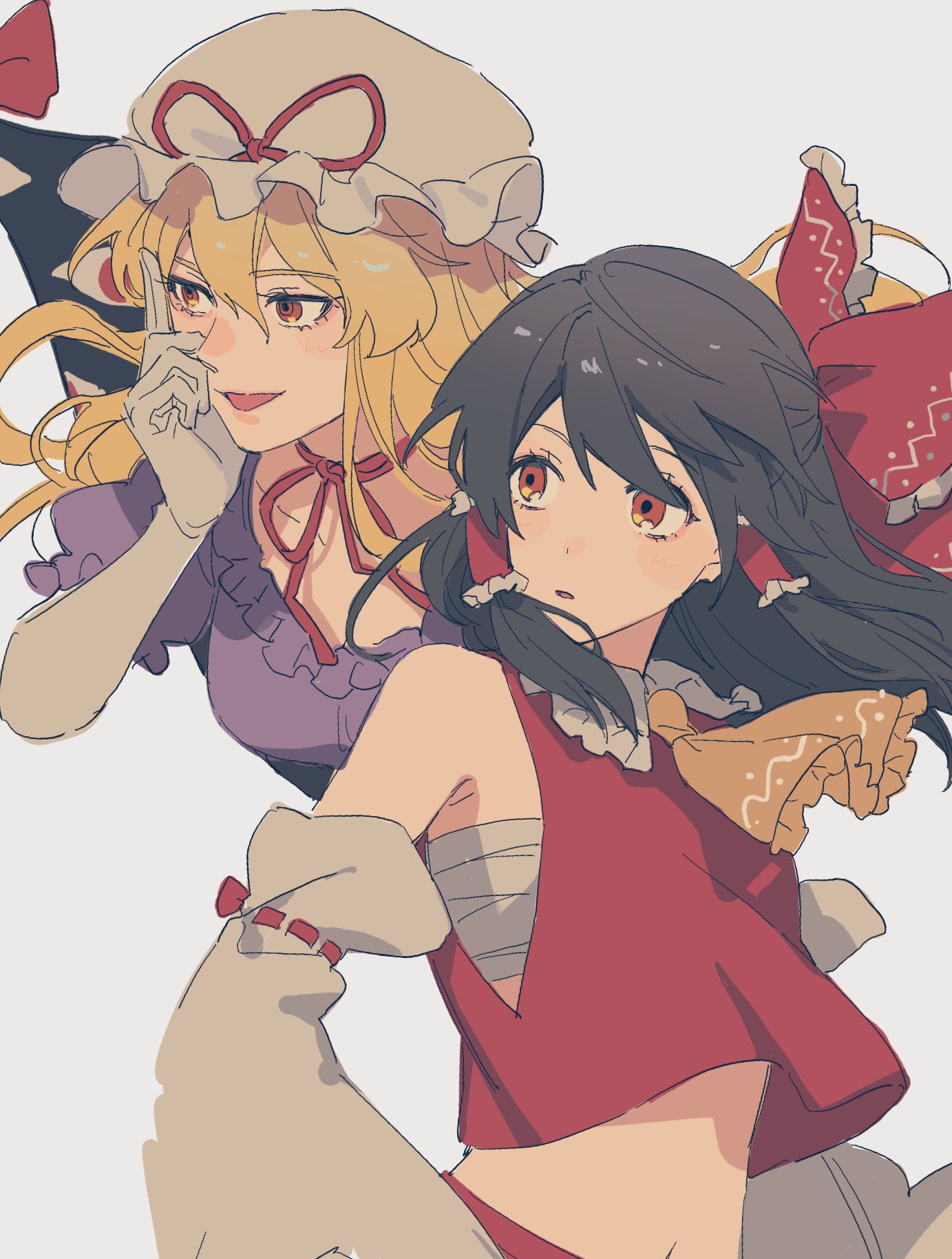 2girls ascot bandages bangs bare_shoulders blonde_hair blush bow bowtie breasts collarbone collared_shirt commentary_request detached_sleeves dress elbow_gloves eyebrows_visible_through_hair flying frills gap_(touhou) gloves grey_background grey_gloves grey_hair grey_headwear hair_between_eyes hair_ornament hair_tubes hakurei_reimu hand_on_own_face hand_up hat hat_bow highres long_hair long_sleeves looking_to_the_side medium_breasts medium_hair mob_cap multiple_girls navel noriuma open_mouth puffy_short_sleeves puffy_sleeves purple_dress red_bow red_bowtie red_eyes red_shirt red_skirt sarashi shirt short_sleeves simple_background skirt standing touhou wide_sleeves yakumo_yukari yellow_ascot