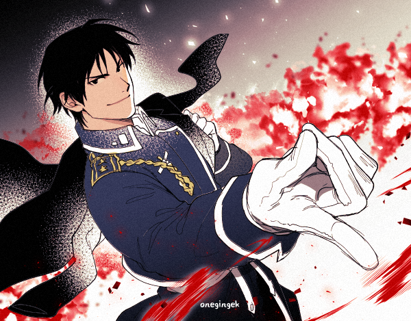 1boy aiguillette amestris_military_uniform artist_name black_coat black_eyes black_hair blue_jacket buttons clothes_grab clothes_lift coat coat_lift coat_removed collared_jacket dark_background dithering double-breasted dutch_angle embers fire flame fullmetal_alchemist gloves gradient gradient_background grey_background hair_strand hand_on_own_shoulder hand_up jacket kanapy looking_at_viewer looking_up male_focus messy_hair military military_jacket military_uniform outstretched_hand roy_mustang sidelighting smirk snapping_fingers tsurime uniform upper_body v-shaped_eyebrows white_background white_gloves
