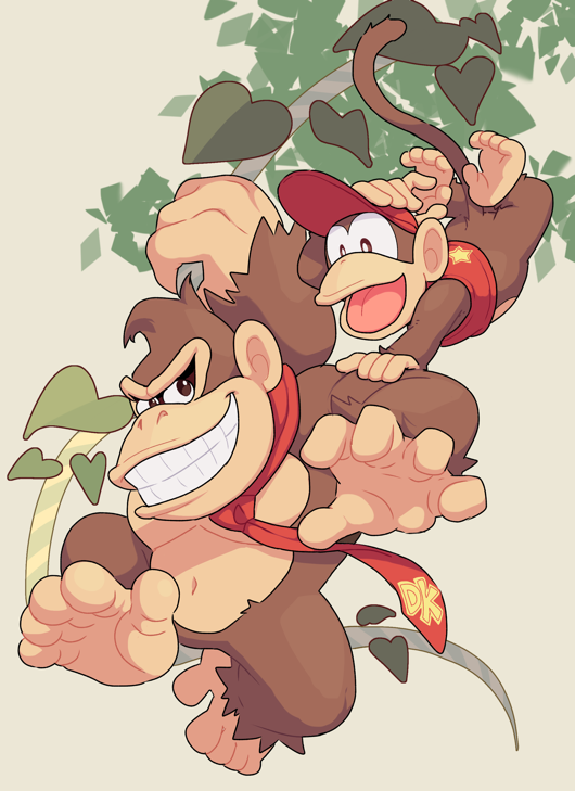 2boys animal animal_focus baseball_cap brown_eyes clenched_teeth commentary_request diddy_kong donkey_kong donkey_kong_(series) full_body hand_on_another's_shoulder hat hoshikuzu_pan monkey monkey_tail multiple_boys navel necktie no_humans open_mouth plant red_headwear red_necktie simple_background smile tail teeth vines