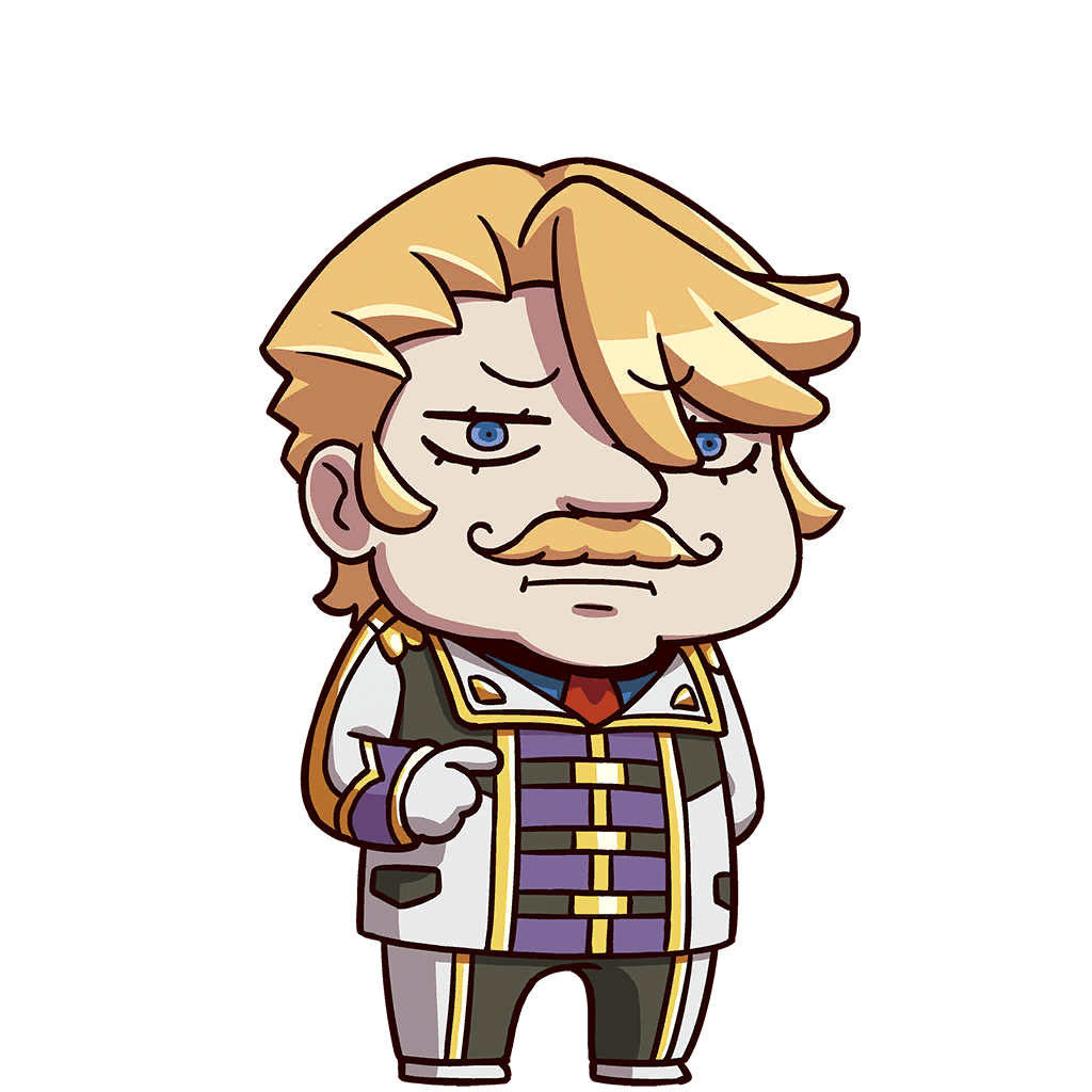 1boy :i april_fools blonde_hair blue_eyes chibi facial_hair fate/grand_order fate_(series) full_body gloves goredolf_musik long_sleeves looking_at_viewer medium_hair mustache official_art pointing riyo_(lyomsnpmp) solo transparent_background white_gloves
