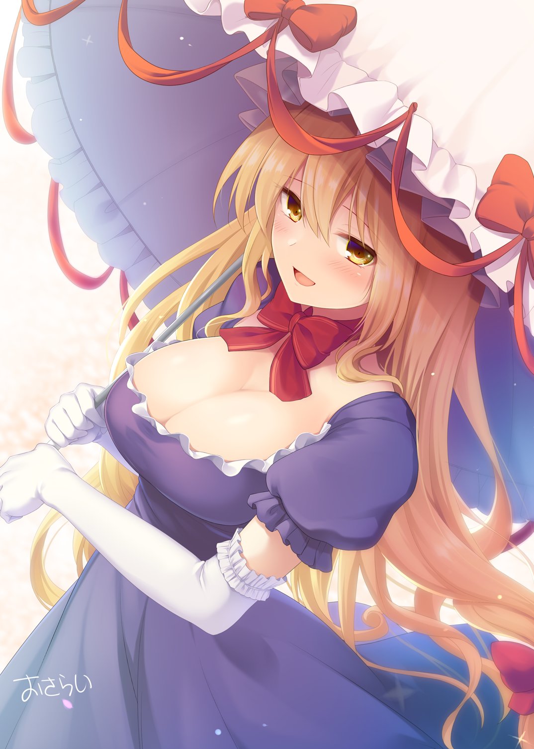 1girl bangs blonde_hair blush bow bowtie breasts dress elbow_gloves eyebrows_visible_through_hair eyelashes eyes_visible_through_hair gloves grey_headwear hair_between_eyes hair_bow hands_up hat highres holding holding_umbrella large_breasts long_hair looking_at_viewer mob_cap nnyara open_mouth orange_background petals puffy_short_sleeves puffy_sleeves purple_dress red_bow red_bowtie short_sleeves smile solo standing touhou umbrella white_background white_gloves yakumo_yukari yellow_eyes