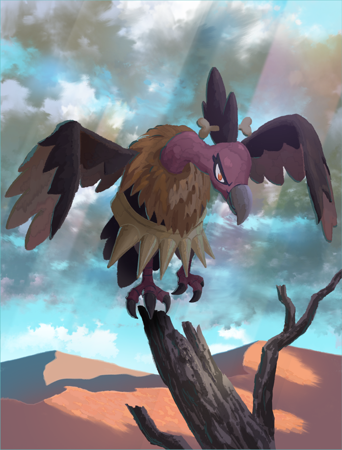 animal_focus bird closed_mouth clouds commentary_request desert full_body illustration_room_nagi light_rays looking_down mandibuzz no_humans outdoors pokemon pokemon_(creature) sand sky solo