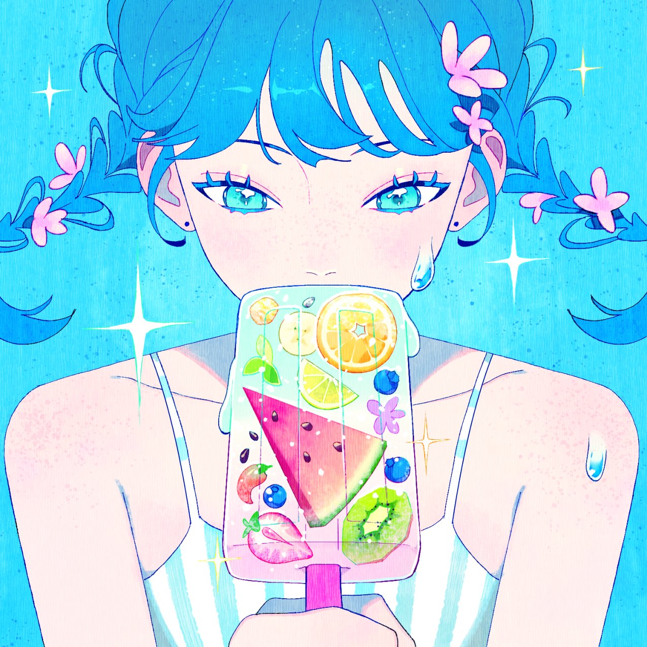 1girl banana_slice blue_background blue_camisole blue_eyes blue_hair blue_theme blueberry braid camisole collarbone food fruit highres holding kiwi_slice lime_(fruit) lime_slice original popsicle portrait solo soorin sparkle strawberry striped_camisole twin_braids watermelon white_camisole