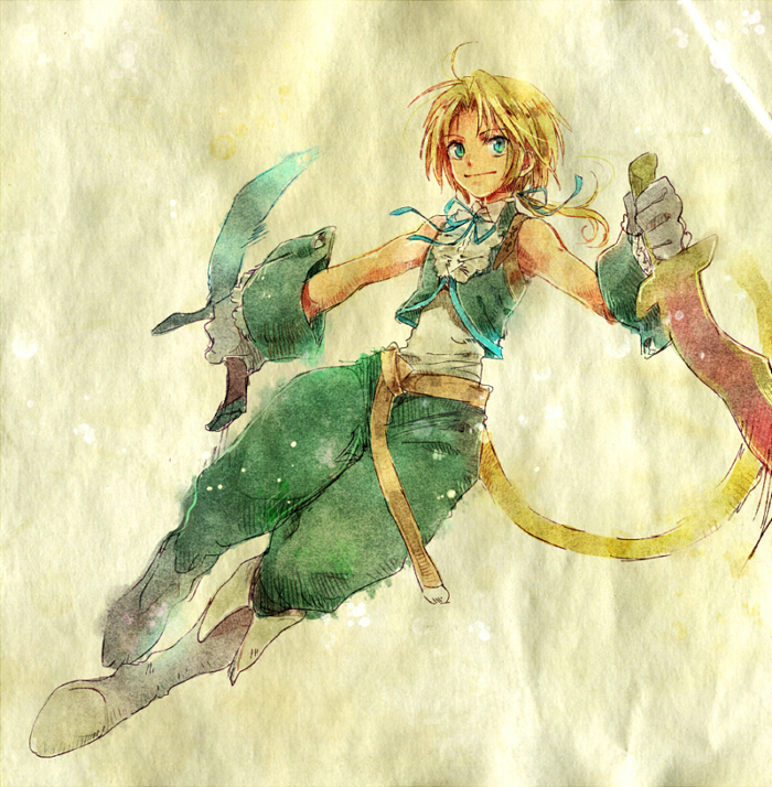 1boy bangs bare_shoulders belt blonde_hair blue_eyes cuffs dagger dual_wielding final_fantasy final_fantasy_ix frilled_shirt_collar frills full_body gloves hair_ribbon holding knife low_ponytail monkey_tail neck_ribbon pants parted_bangs ribbon smile solo tail takanamushi texture vest weapon zidane_tribal