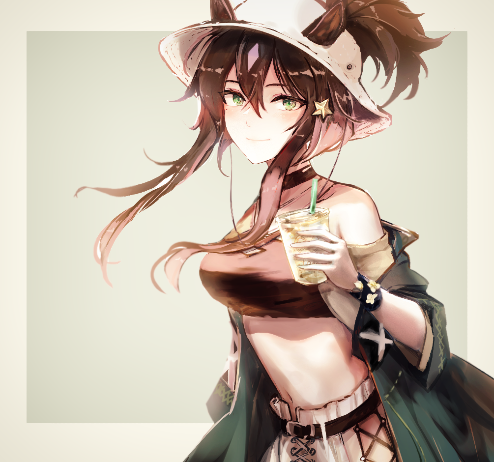 1girl animal_ears arknights bangs bare_shoulders black_choker black_hair breasts choker commentary crop_top cup disposable_cup dora_(user_jnfr7827) drinking_straw ears_through_headwear fedora green_eyes green_jacket grey_background hair_between_eyes hair_ornament hat holding holding_cup horse_ears jacket large_breasts long_hair looking_at_viewer meteor_(arknights) meteor_(bard's_holiday)_(arknights) midriff navel off_shoulder official_alternate_costume smile solo star_(symbol) star_hair_ornament stomach upper_body white_headwear