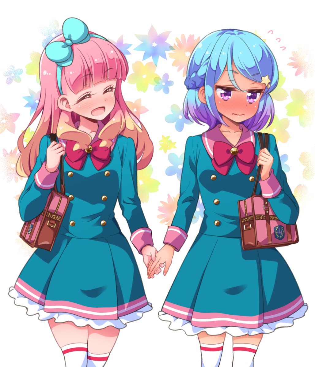 2girls aikatsu!_(series) aikatsu_friends! bangs blonde_hair blue_hair blunt_bangs blush closed_eyes closed_mouth collarbone embarrassed full-face_blush gradient_hair hair_ornament hairband highres long_hair long_sleeves looking_away minato_mio multicolored_hair multiple_girls open_mouth pink_hair purple_hair school_uniform short_hair smile star_(symbol) star_hair_ornament thigh-highs tokunou_shoutarou violet_eyes white_legwear yuri yuuki_aine