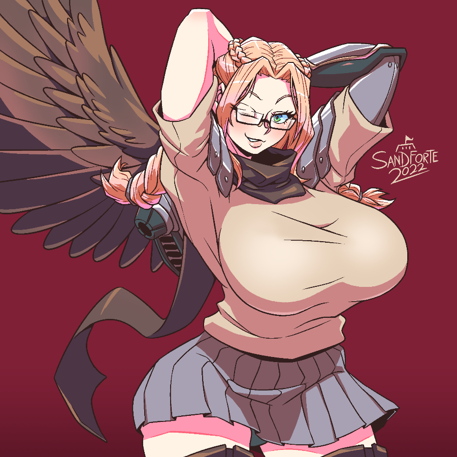 1girl 2022 arms_up artist_name blue_eyes blush braids breasts dated glasses grey_skirt large_breasts looking_at_viewer one_eye_closed original red_background sandforte shoulder_armor signature smile strawberry_blonde_hair wings