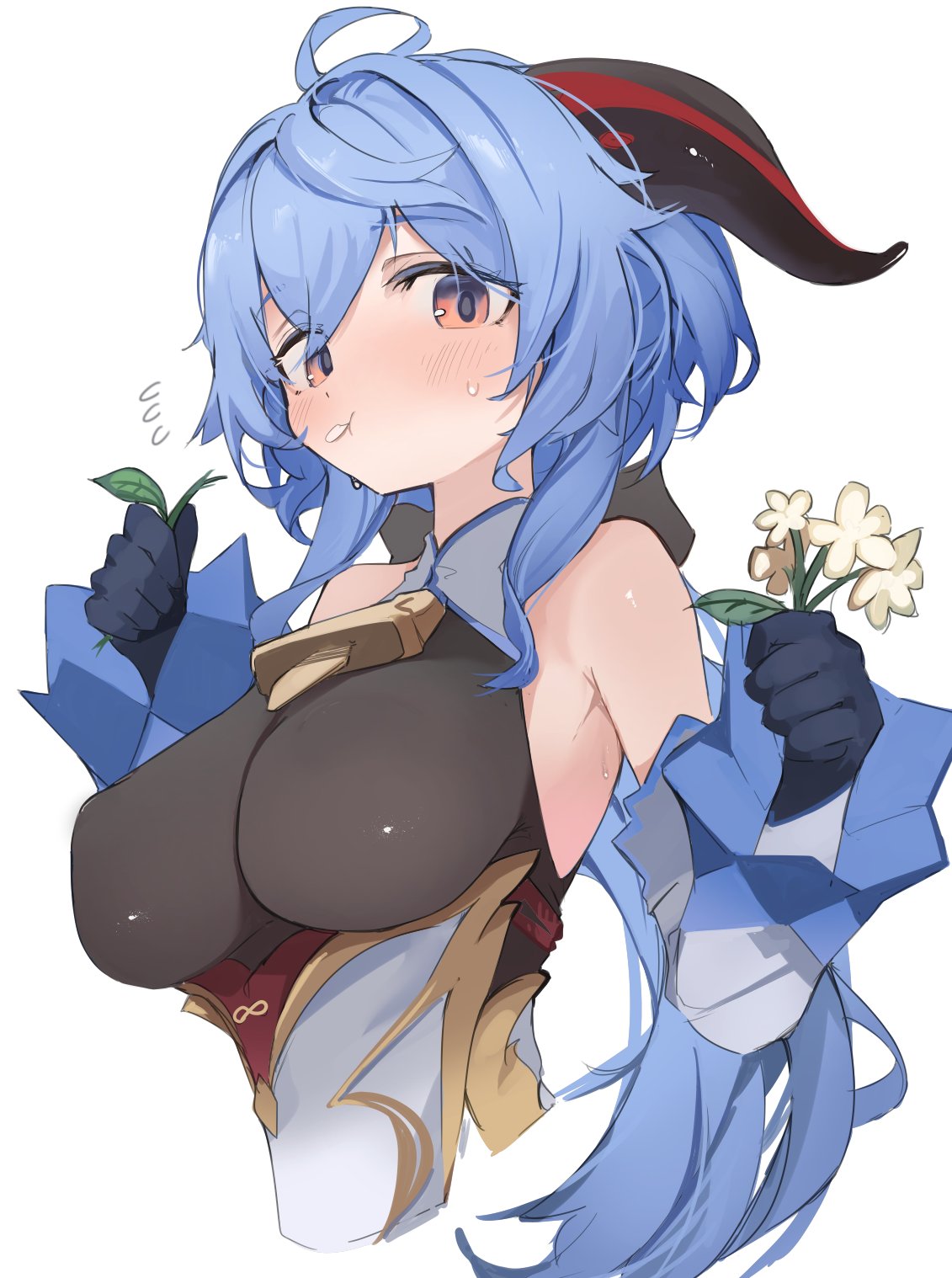 1girl ahoge bangs bare_shoulders bell blue_hair blush breasts commentary_request detached_sleeves eating eating_flower eyebrows_visible_through_hair eyelashes eyes_visible_through_hair flower ganyu_(genshin_impact) genshin_impact gloves hair_between_eyes highres holding holding_flower horns large_breasts long_hair looking_at_viewer mikozin neck_bell qingxin_flower red_eyes sidelocks solo solo_focus sweatdrop white_background white_flower white_sleeves
