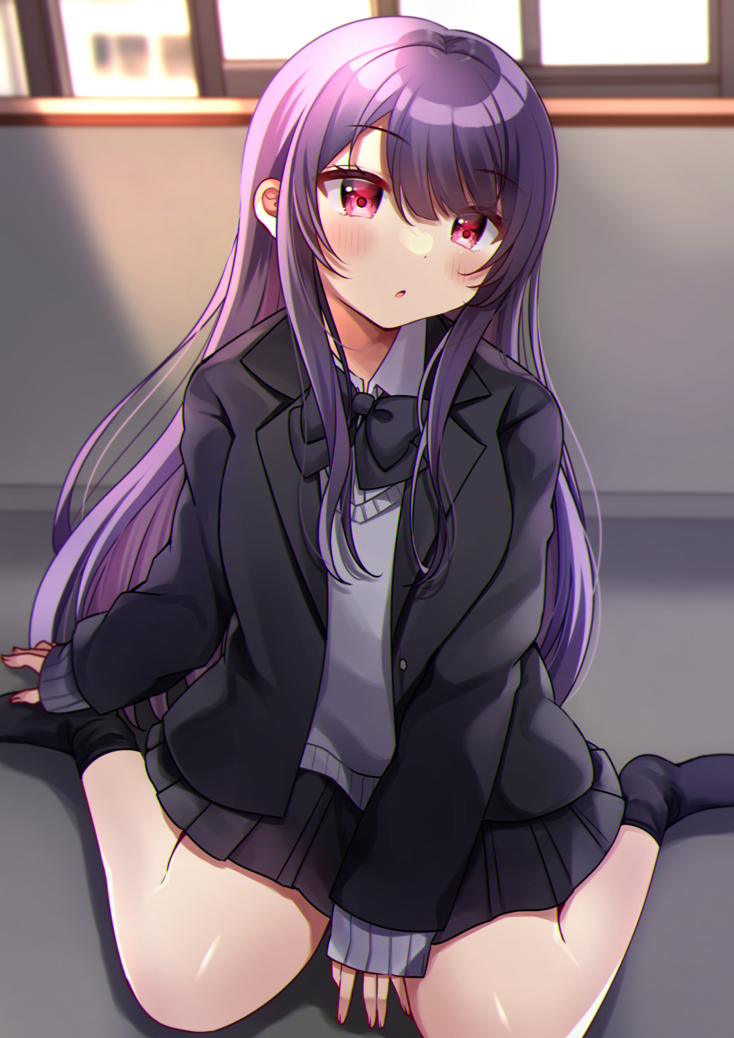 1girl bangs black_bow black_jacket black_legwear black_skirt blazer blurry blurry_background blush bow collared_shirt commentary_request day depth_of_field dress_shirt eyebrows_visible_through_hair grey_sweater hair_between_eyes highres indoors jacket minami_saki no_shoes open_clothes open_jacket open_window original parted_lips pleated_skirt purple_hair red_eyes school_uniform shirt sitting skirt socks solo sweater wariza white_shirt window