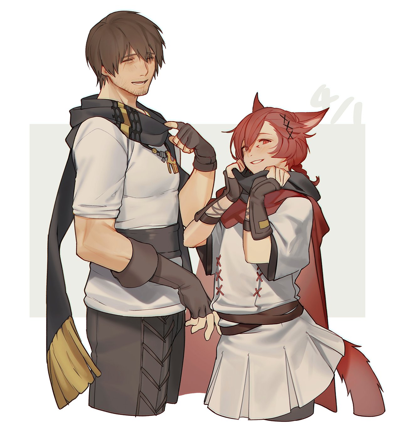 2boys :d ^_^ ^o^ adventurer_(ff14) animal_ears bangs belt black_gloves black_scarf braid braided_ponytail brown_hair cape cat_boy cat_ears cat_tail closed_eyes cosplay costume_switch cowboy_shot cropped_legs dated elbow_gloves facial_hair facial_mark ffxivys final_fantasy final_fantasy_xiv fingerless_gloves from_side g'raha_tia gloves hair_ornament hand_up hands_up highres holding holding_clothes holding_scarf hyur male_focus miqo'te multiple_boys open_mouth red_cape red_eyes redhead scarf shirt short_hair short_ponytail single_braid smile standing stubble swept_bangs tail two-tone_background vambraces white_background white_shirt x_hair_ornament