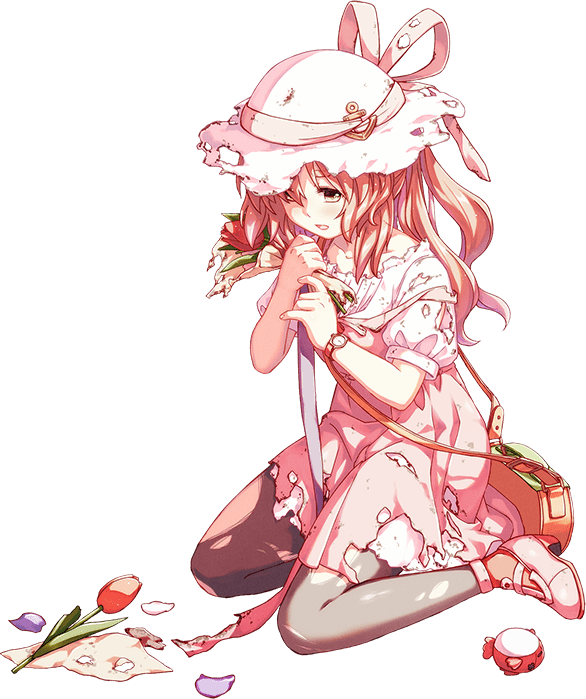 1girl acea4 bag blush bouquet brown_eyes brown_hair dress eyebrows_visible_through_hair flower full_body grey_legwear hat holding holding_bouquet kantai_collection long_hair official_alternate_costume official_art open_mouth pantyhose petals pink_dress pink_footwear puffy_short_sleeves puffy_sleeves red_flower shirt shoes short_sleeves shoulder_bag solo thick_eyebrows torn_clothes torn_dress torn_hat torn_legwear torn_shirt transparent_background wavy_hair white_headwear white_shirt yashiro_(kancolle)