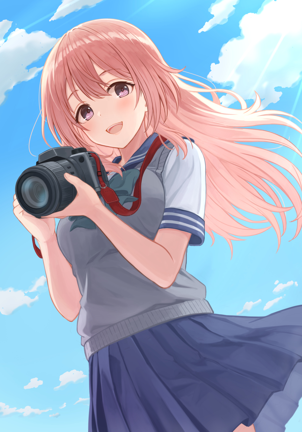 1girl :d bangs blue_sailor_collar blue_skirt breasts camera clouds cowboy_shot from_below grey_vest highres holding holding_camera inui_shinju looking_at_viewer medium_breasts oekakibanbi open_mouth outdoors pink_hair pleated_skirt sailor_collar school_uniform shirt short_sleeves skirt sky smile solo sono_bisque_doll_wa_koi_wo_suru sunlight vest violet_eyes white_shirt