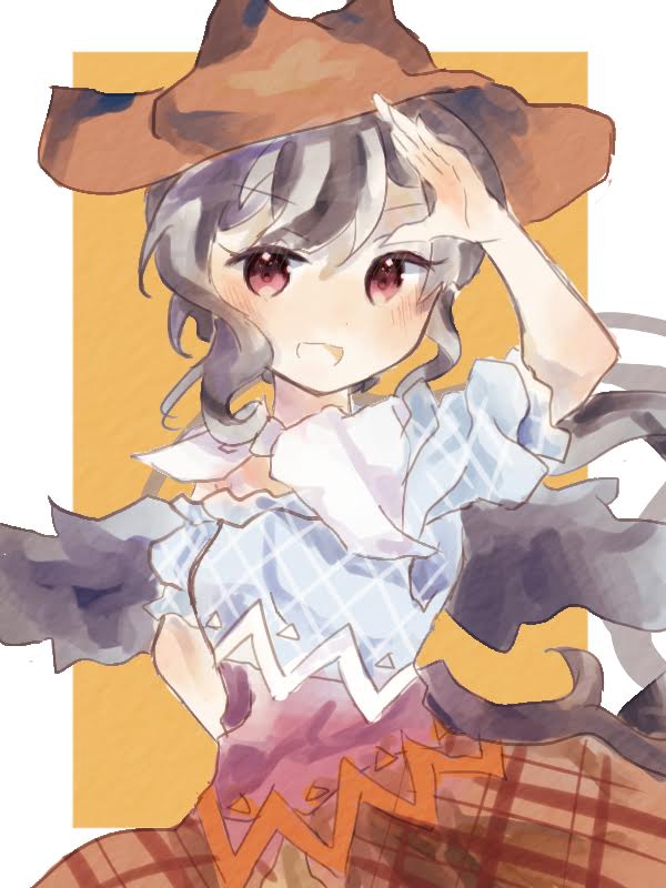 1girl arm_up bangs bare_shoulders blue_dress blush border breasts brown_dress brown_headwear commentary_request cowboy_hat dress eyebrows_visible_through_hair eyelashes grey_hair hair_between_eyes hand_up hat horse_tail kurokoma_saki long_hair looking_to_the_side medium_breasts multicolored_clothes multicolored_dress off-shoulder_dress off_shoulder open_mouth orange_background outside_border pink_dress plaid plaid_dress ponytail puffy_short_sleeves puffy_sleeves red_eyes scarf short_sleeves simple_background smile solo standing tail tongue touhou turutanio_1817 white_border white_scarf wings yellow_dress