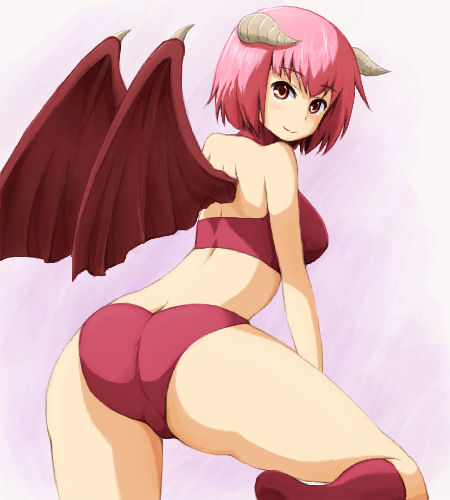 1girl ass bat_wings breasts closed_mouth demon_girl demon_wings horns large_breasts looking_at_viewer lowres monster_farm pink_hair pixie_(monster_farm) red_eyes runaru short_hair simple_background smile solo wings