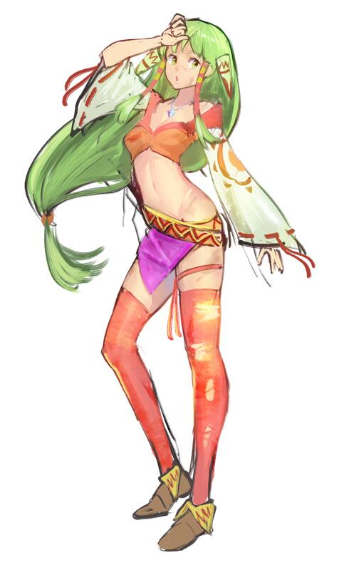 1girl breasts feena_(grandia) full_body grandia grandia_i green_eyes green_hair hair_ornament hair_tubes hidezi jewelry long_hair looking_at_viewer low-tied_long_hair midriff navel necklace simple_background skirt solo thigh-highs white_background