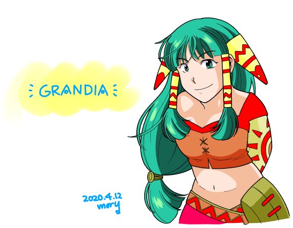 1girl artist_name breasts closed_mouth copyright_name dated feena_(grandia) grandia grandia_i green_eyes green_hair hair_ornament hair_tubes jewelry long_hair looking_at_viewer low-tied_long_hair midriff moryanncha navel necklace simple_background skirt smile solo white_background