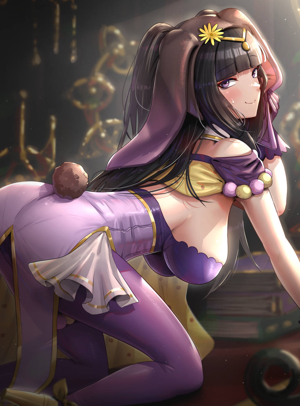 1girl all_fours ass bangs bare_shoulders black_hair blunt_bangs book book_stack breasts commentary_request fake_tail feet_out_of_frame fire_emblem fire_emblem_awakening fire_emblem_heroes gonzarez highres large_breasts leotard looking_at_viewer pantyhose purple_legwear purple_leotard rabbit_tail smile solo tail tharja_(fire_emblem) thighs two_side_up
