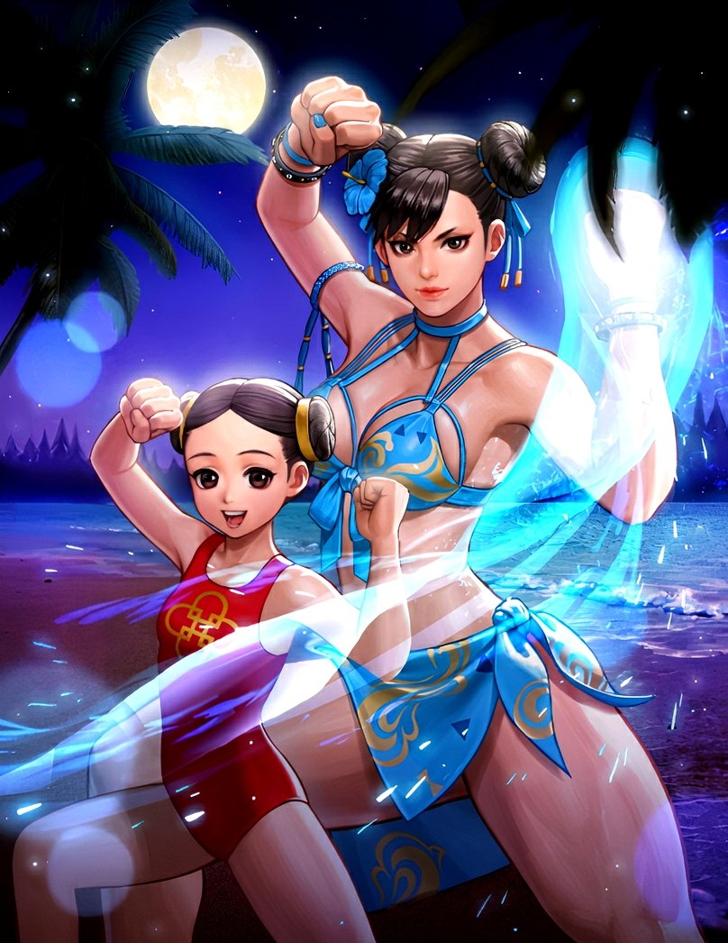 2girls bangs beach bikini blue_bikini blue_choker blue_fire blue_sarong breasts brown_eyes brown_hair child choker chun-li clenched_hands double_bun energy_ball fighting_stance fire flower front-tie_bikini front-tie_top full_moon hair_flower hair_ornament hair_ribbon hibiscus lens_flare li-fen looking_at_viewer medium_breasts moon multiple_girls navel night ocean official_alternate_costume official_art one-piece_swimsuit parted_hair red_swimsuit ribbon sarong short_hair smile street_fighter street_fighter_v studded_bracelet swept_bangs swimsuit the_king_of_fighters_all-stars thick_thighs thighs toned