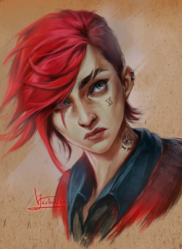 1girl arcane:_league_of_legends arcane_vi artist_name bangs brown_background character_name closed_mouth cropped_shoulders ear_piercing inna_vjuzhanina jacket league_of_legends neck_tattoo nose_piercing piercing red_jacket redhead short_hair solo tattoo vi_(league_of_legends)