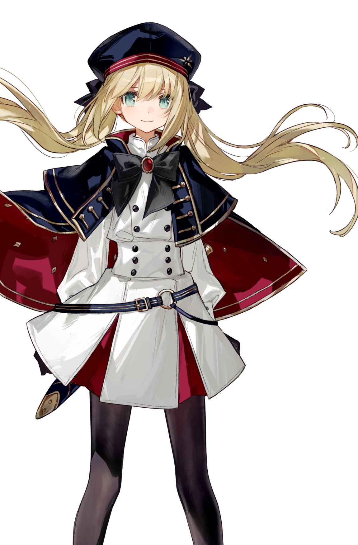 1girl artoria_pendragon_(caster)_(fate) artoria_pendragon_(fate) bangs belt black_legwear blonde_hair blush breasts chocoan dress fate/grand_order fate_(series) gloves green_eyes grey_gloves grey_headwear hat highres long_hair looking_at_viewer pantyhose pouch sheath sleeveless sleeveless_dress small_breasts smile solo thighs twintails white_dress