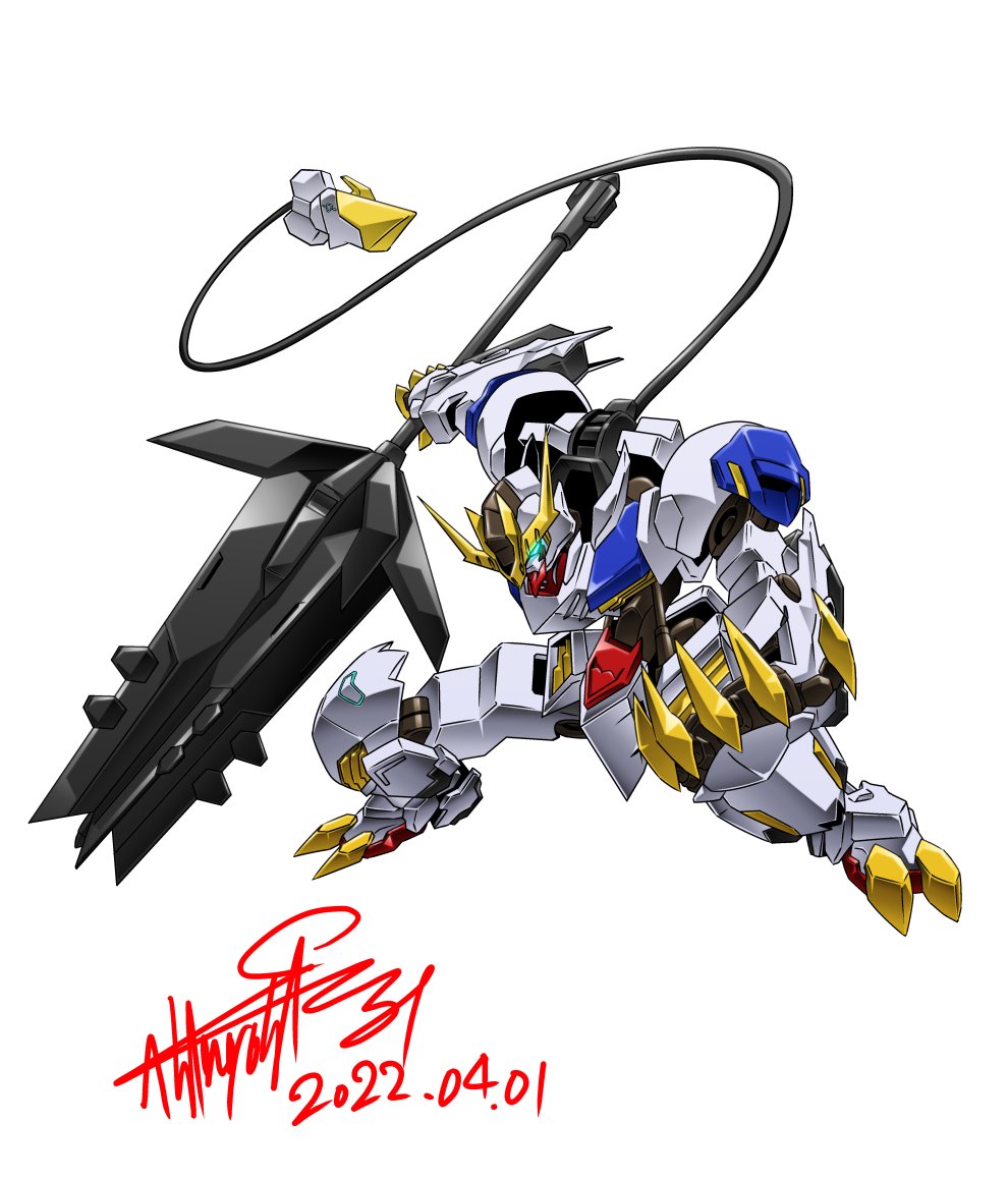 cable cable_tail dated glowing glowing_eye gundam gundam_barbatos gundam_tekketsu_no_orphans holding_club mecha mechanical_tail mobile_suit no_humans open_hand signature solo tail v-fin white_background zzz_sakaz