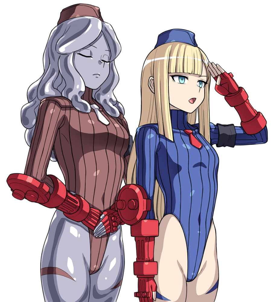 bangs blonde_hair blue_headwear blunt_bangs bodypaint breasts brown_headwear brown_leotard cammy_white cammy_white_(cosplay) closed_eyes colored_skin commentary_request cosplay cowboy_shot dark_persona fate/grand_order fate_(series) fingerless_gloves garrison_cap gloves green_eyes grey_hair grey_skin hai_(h81908190) hat highleg highleg_leotard leotard long_hair lord_el-melloi_ii_case_files metal_skin mind_control necktie red_gloves red_necktie reines_el-melloi_archisorte ribbed_leotard salute shadaloo_dolls simple_background small_breasts standing street_fighter street_fighter_zero_(series) trimmau_(fate) white_background white_necktie
