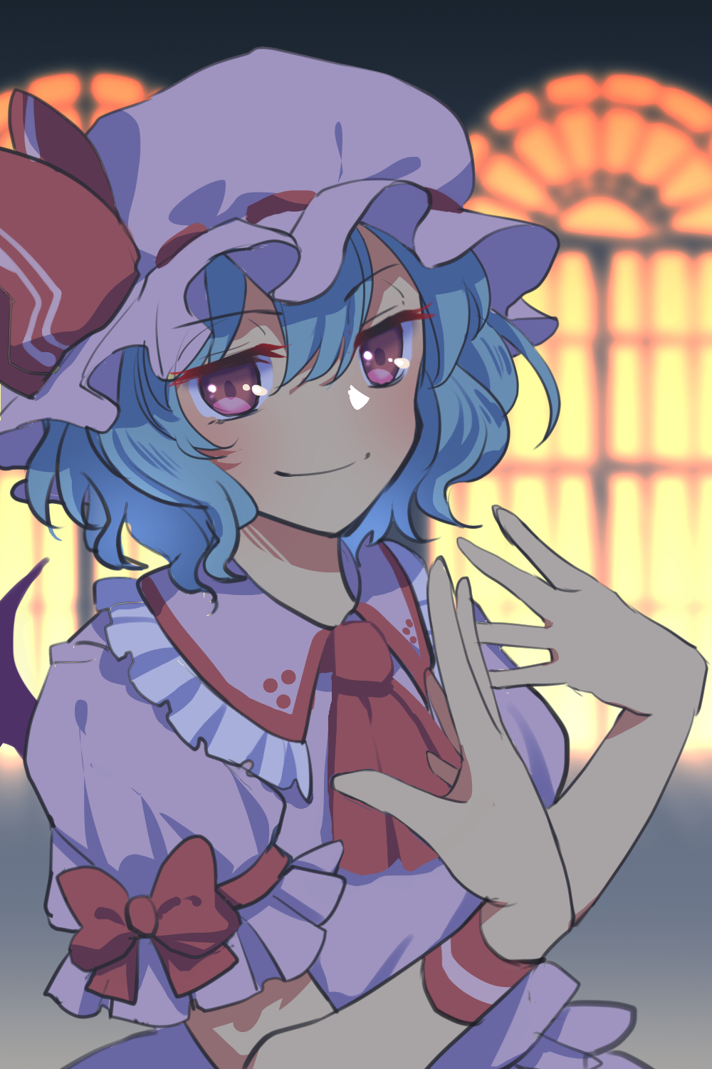 1girl ascot bat_wings blue_hair blurry blurry_background depth_of_field frilled_shirt_collar frills hair_between_eyes hat highres looking_at_viewer mob_cap moon nayozane_(worker7) night puffy_short_sleeves puffy_sleeves red_ascot remilia_scarlet ribbon short_hair short_sleeves smile solo touhou upper_body wings wrist_cuffs