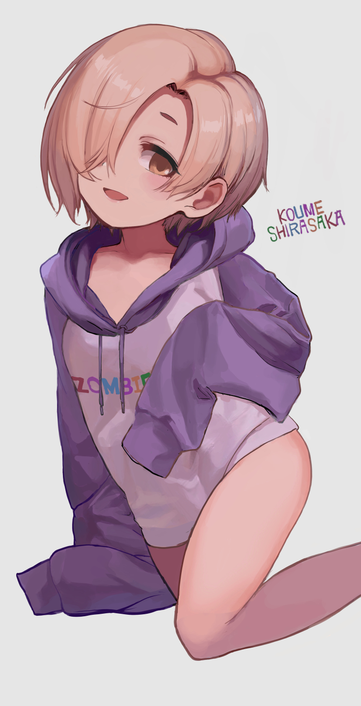 1girl blonde_hair blush bottomless english_text grey_background hair_over_one_eye highres hood hood_down hoodie idolmaster idolmaster_cinderella_girls kiichirou looking_at_viewer purple_hoodie shirasaka_koume short_hair sleeves_past_fingers sleeves_past_wrists solo