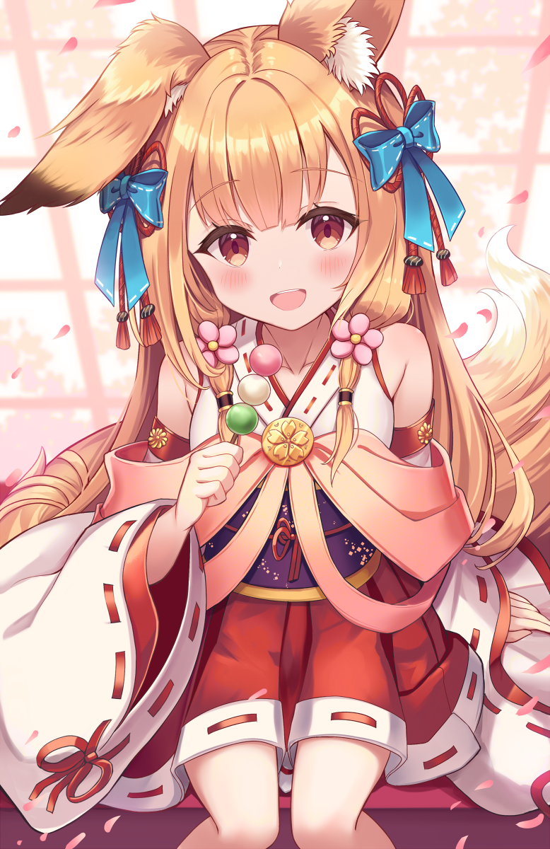 1girl :d animal_ear_fluff animal_ears bangs blue_bow bow brown_hair commentary_request detached_sleeves ear_down eyebrows_visible_through_hair feet_out_of_frame fox_ears fox_girl fox_tail hair_bow highres japanese_clothes kimono long_sleeves looking_at_viewer obi original petals pleated_skirt red_eyes red_skirt ribbon-trimmed_sleeves ribbon_trim sakura_ani sash sitting skirt sleeveless sleeveless_kimono smile solo tail unaligned_ears white_kimono white_sleeves wide_sleeves window