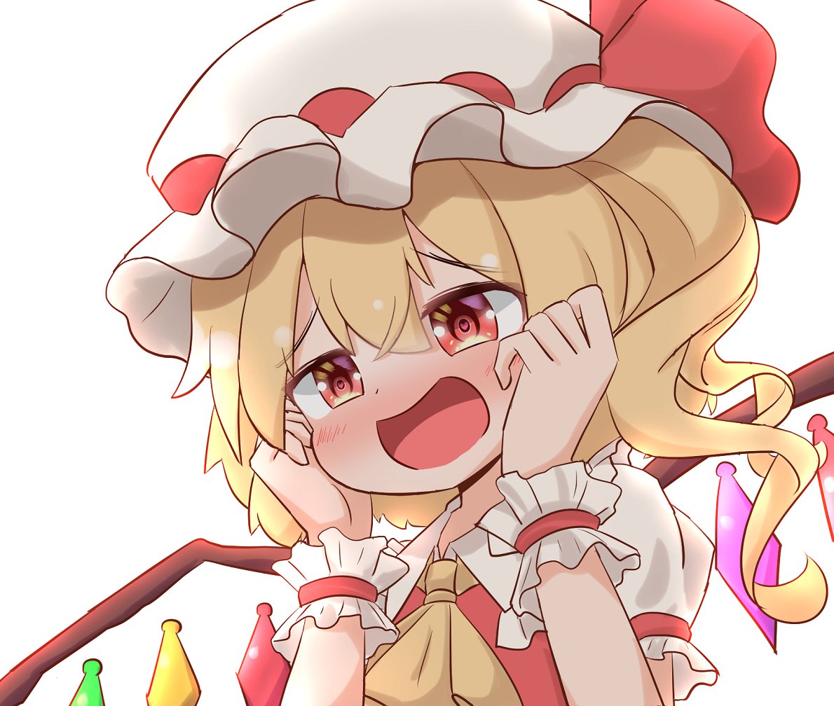 1girl ascot bangs blonde_hair blush bow coruthi crystal eyebrows_visible_through_hair flandre_scarlet frilled_shirt frilled_sleeves frills hands_on_own_cheeks hands_on_own_face hat hat_ribbon heart heart-shaped_pupils laevatein_(touhou) looking_at_viewer mob_cap one_side_up open_mouth puffy_short_sleeves puffy_sleeves red_bow red_eyes red_ribbon red_vest ribbon shirt short_hair short_sleeves side_ponytail simple_background smile solo symbol-shaped_pupils touhou vest white_background white_shirt wings yellow_ascot