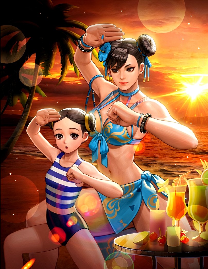 2girls bangs beach bikini blue_bikini blue_choker blue_sarong breasts brown_eyes brown_hair child choker chun-li clenched_hand clenched_hands cocktail_glass cup double_bun drinking_glass dusk fighting_stance flower front-tie_bikini front-tie_top hair_flower hair_ornament hair_ribbon hibiscus lens_flare li-fen looking_at_another medium_breasts multiple_girls navel ocean official_alternate_costume official_art parted_hair ribbon sarong short_hair street_fighter street_fighter_v striped striped_swimsuit studded_bracelet sunset swept_bangs swimsuit the_king_of_fighters_all-stars thick_thighs thighs toned