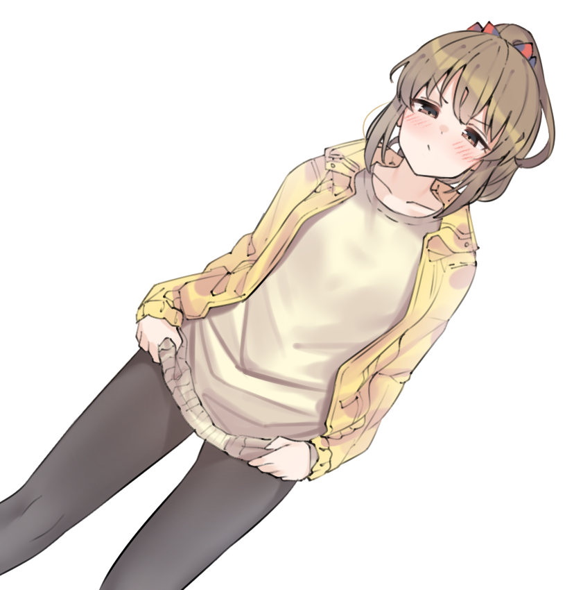 1girl aa211108 beige_shirt black_legwear blush brown_hair collarbone dutch_angle feet_out_of_frame frown holding holding_clothes holding_shirt hori_yuko idolmaster idolmaster_cinderella_girls jacket looking_at_viewer no_pants pantyhose ponytail shirt simple_background solo v-shaped_eyebrows white_background yellow_jacket