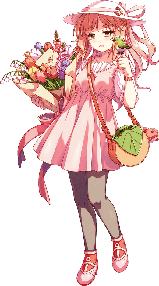 1girl acea4 animal animal_on_hand bag bird bird_on_hand blush bouquet brown_eyes brown_hair dress eyebrows_visible_through_hair flower full_body grey_legwear hat holding holding_bouquet kantai_collection lily_of_the_valley long_hair official_alternate_costume official_art orange_flower pantyhose pink_dress pink_flower pink_footwear puffy_short_sleeves puffy_sleeves purple_flower red_flower shirt shoes short_sleeves shoulder_bag smile solo thick_eyebrows transparent_background wavy_hair white_flower white_headwear white_shirt yashiro_(kancolle)