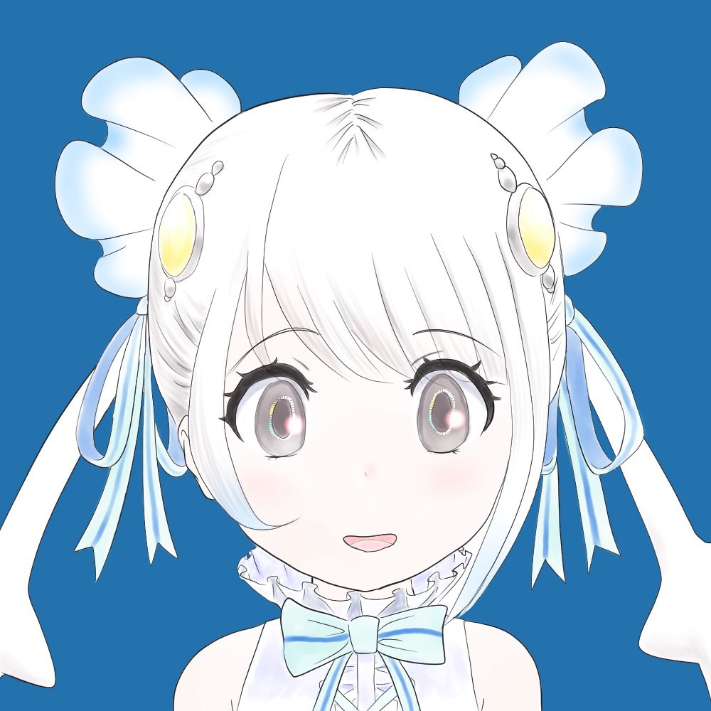1girl animal_ears april_fools blue_background grey_eyes hair_ornament kemono_friends kemono_friends_v_project long_hair looking_at_viewer neck_ribbon official_art open_mouth ribbon shirt simple_background skyfish_(kemono_friends) smile solo twintails virtual_youtuber white_hair