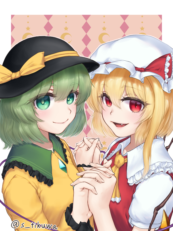 2girls ascot blonde_hair bow crystal flandre_scarlet green_eyes green_hair hat hat_bow hat_ribbon holding_hands interlocked_fingers komeiji_koishi looking_at_viewer mob_cap multiple_girls open_mouth puffy_short_sleeves puffy_sleeves red_eyes red_vest ribbon saara_fkmt0622 shirt short_sleeves side_ponytail smile touhou vest wings yellow_shirt