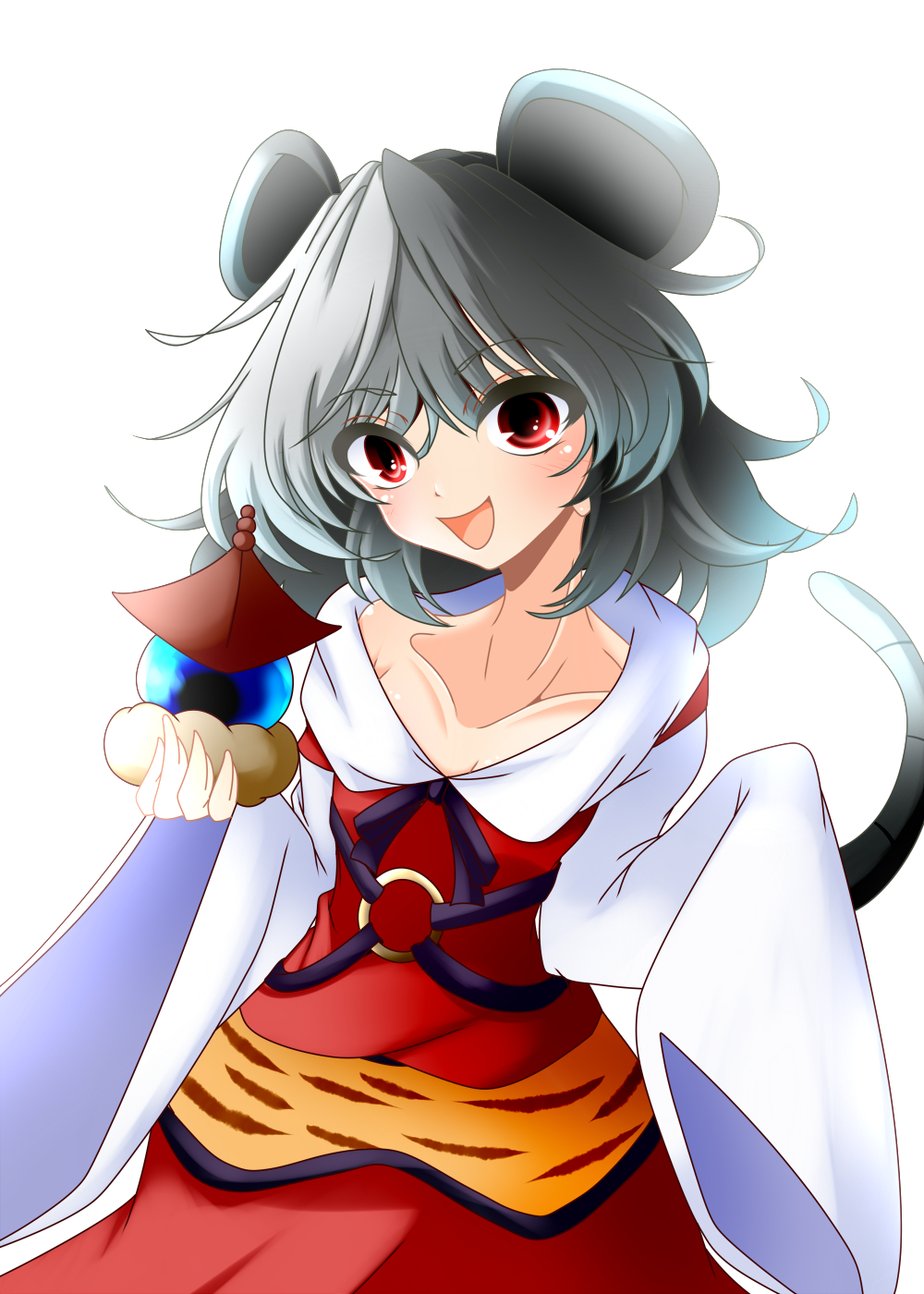 1girl :d animal_ears animal_print bishamonten's_pagoda cosplay dress eyebrows_visible_through_hair grey_hair highres holding long_sleeves looking_at_viewer mouse_ears mouse_girl mouse_tail muumuu_(sirufuruteienn) nazrin one-hour_drawing_challenge open_mouth red_eyes short_hair simple_background smile solo tail tiger_print toramaru_shou toramaru_shou_(cosplay) touhou white_background wide_sleeves