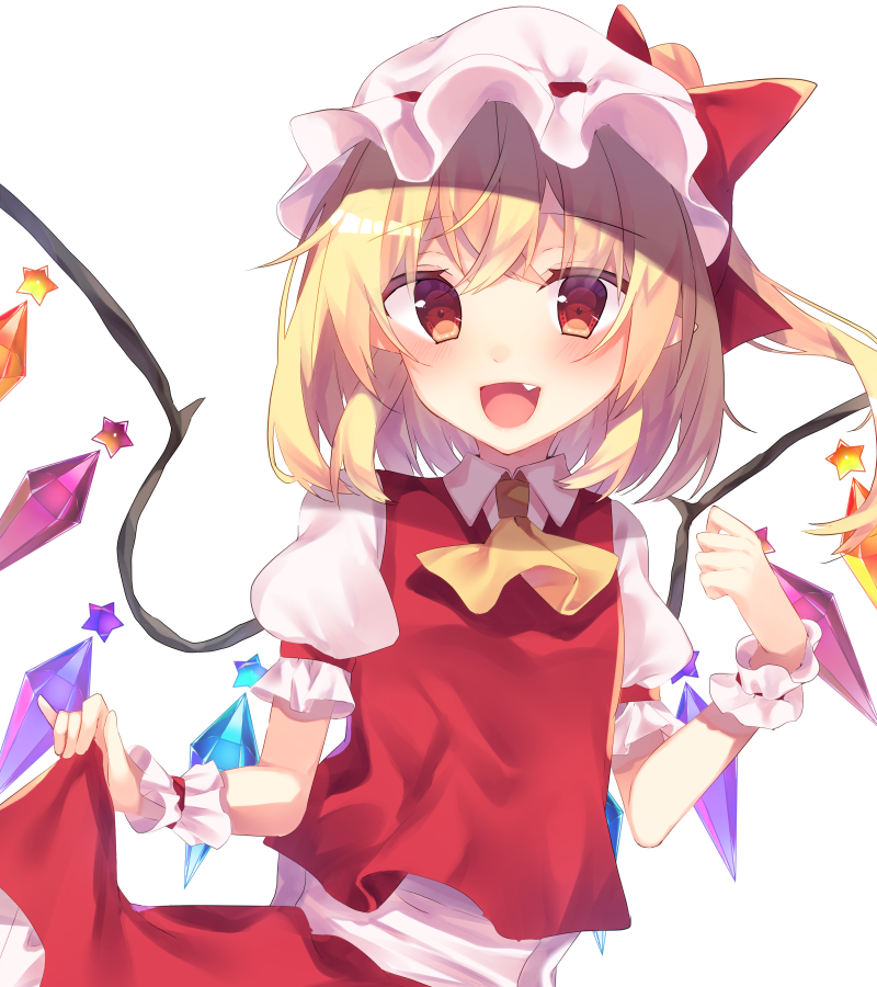 1girl ascot blonde_hair blush crystal eyebrows_visible_through_hair fang flandre_scarlet hat looking_at_viewer mob_cap open_mouth puffy_short_sleeves puffy_sleeves red_eyes red_ribbon red_skirt red_vest ribbon shirt short_sleeves simple_background skirt smile solo star_(symbol) touhou unya_(coco121955) vest white_background white_shirt wings wrist_cuffs