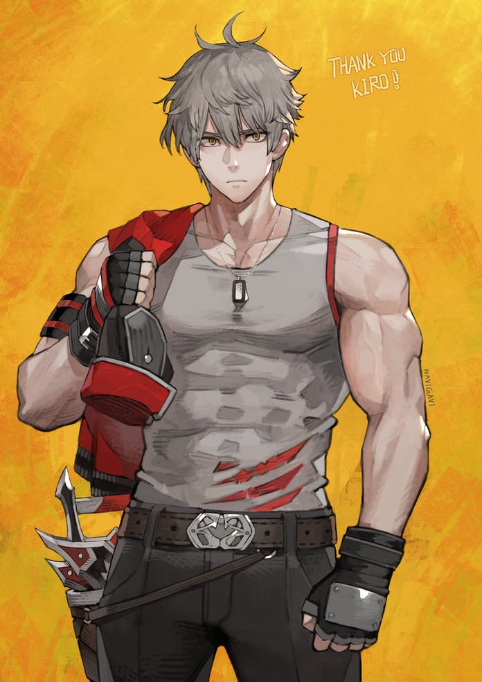 1boy bare_shoulders bishounen black_pants check_copyright commission copyright_request covered_abs expressionless feet_out_of_frame fingerless_gloves gloves grey_tank_top jun_(seojh1029) looking_at_viewer male_focus muscular muscular_male original pants pectorals short_hair skeb_commission solo tank_top