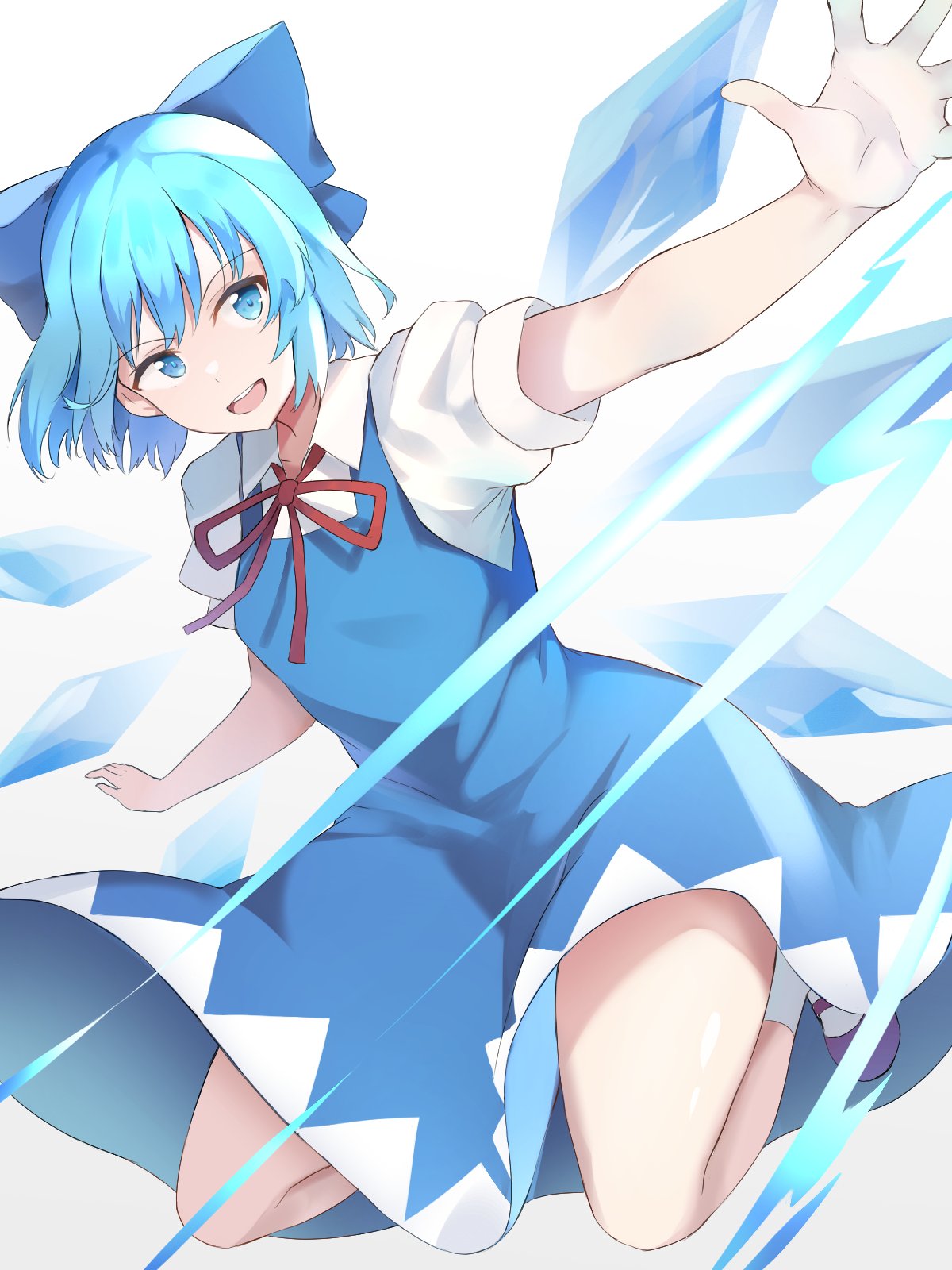 1girl bangs blue_bow blue_dress blue_eyes blue_hair bow cirno collared_shirt dress hair_bow highres ice ice_wings nagomian neck_ribbon pinafore_dress puffy_short_sleeves puffy_sleeves red_ribbon ribbon shirt shoes short_hair short_sleeves simple_background socks solo thighs touhou white_background white_legwear white_shirt wings