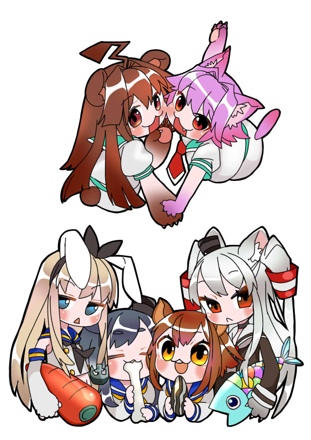 6+girls :&lt; :3 amatsukaze_(kancolle) anchor_hair_ornament animal_ear_fluff animal_ears animal_hands bangs bear_ears bear_girl black_hair blonde_hair blue_eyes blue_sailor_collar blush bone brown_hair carrot cat_ears closed_mouth dress elbow_gloves fang fish gloves hair_ornament hair_tubes heart hime_kake holding kantai_collection kuma_(kancolle) long_hair long_sleeves multiple_girls neckerchief open_mouth orange_eyes paw_gloves pink_hair rabbit_ears red_eyes sailor_collar sailor_dress seed shimakaze_(kancolle) short_hair silver_hair simple_background sleeveless sunflower_seed tama_(kancolle) tokitsukaze_(kancolle) two_side_up white_background white_sailor_collar yukikaze_(kancolle)