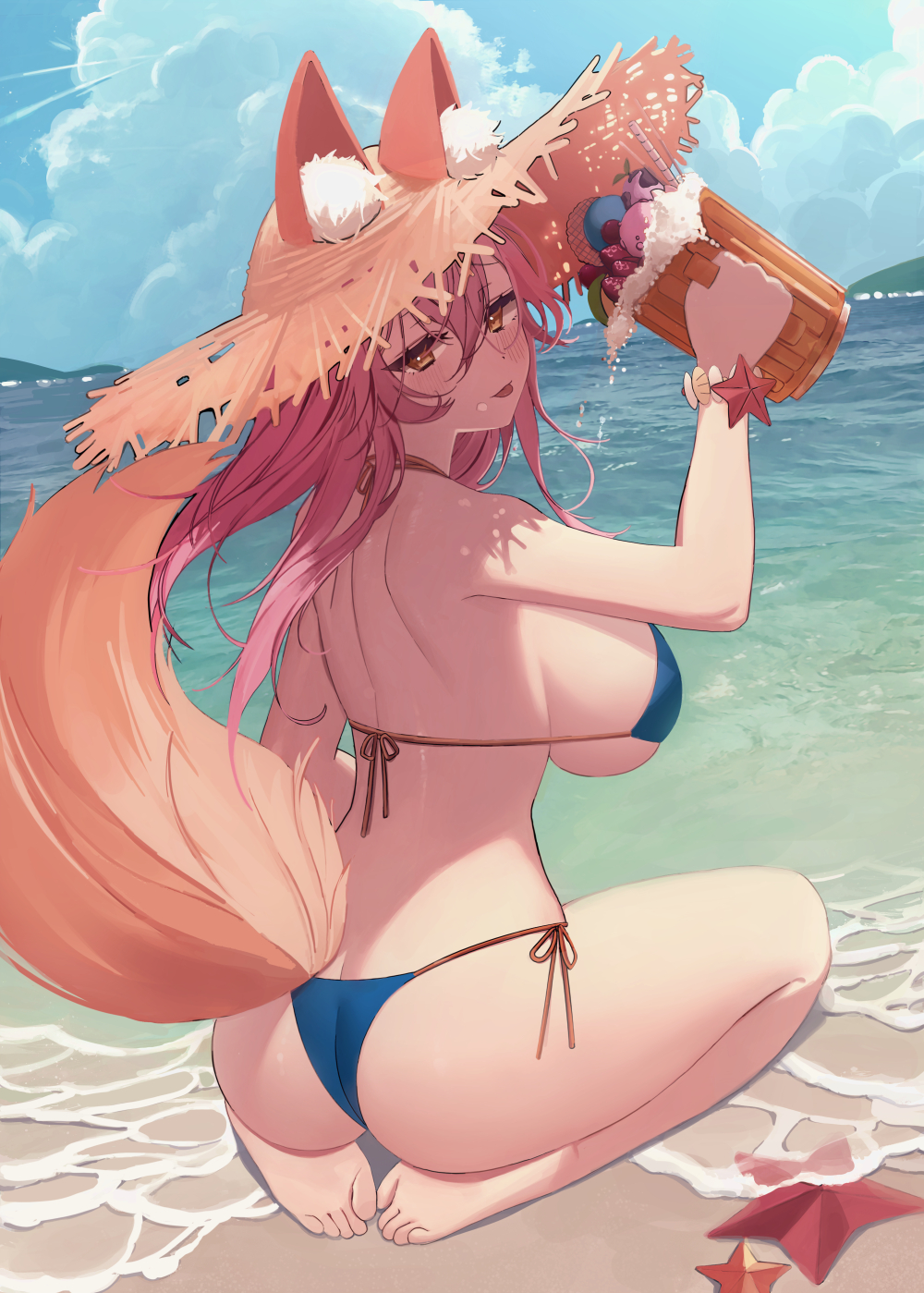 1girl animal_ear_fluff animal_ears ass back bangs bare_arms bare_shoulders barefoot beach beer_mug bikini blue_bikini blush bracelet breasts brown_eyes clouds commentary_request cup day ears_through_headwear fate/grand_order fate_(series) foam food fox_ears fox_girl fox_tail fruit full_body halterneck hat highres holding holding_cup jewelry large_breasts long_hair looking_at_viewer looking_back mug myao_(o3o333) ocean pink_hair revision shoulder_blades side-tie_bikini sideboob sidelocks sky solo starfish straw_hat string_bikini swimsuit tail tamamo_(fate) tamamo_no_mae_(swimsuit_lancer)_(fate) thighs tongue tongue_out water yellow_eyes