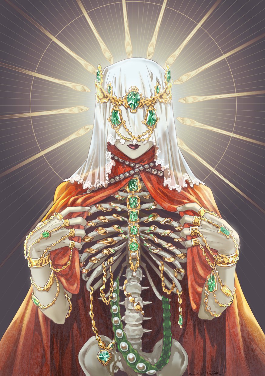 androgynous bracelet cape chain circlet covered_eyes cowboy_shot facing_viewer gem gold_chain green_gemstone grey_background hadaal_zone highres jewelry lipstick makeup necklace original pearl_necklace red_cape ribs skeleton solo spine standing veil