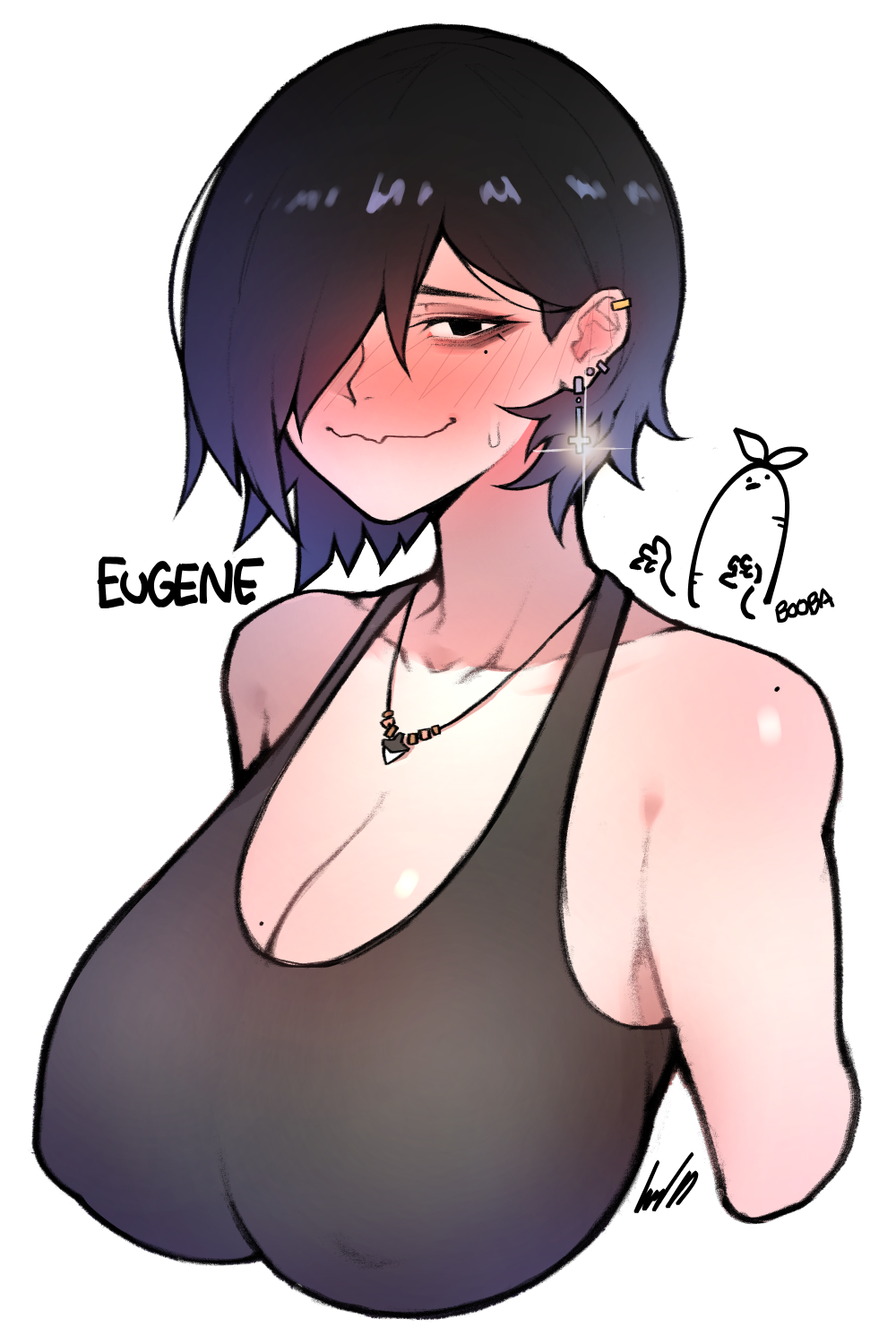1girl babo bags_under_eyes black_hair black_tank_top blush breasts character_name covered_nipples cross eugene_(babo) full-face_blush hair_over_one_eye highres inverted_cross jewelry large_breasts looking_at_viewer mole mole_on_breast mole_on_shoulder mole_under_eye multiple_moles necklace original pendant short_hair solo sweatdrop tank_top upper_body