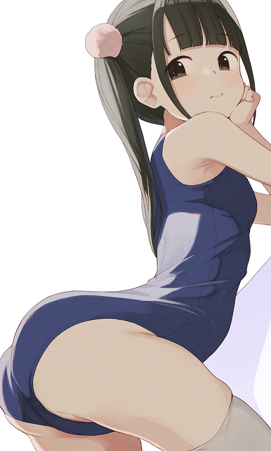 1girl ass black_eyes black_hair blue_swimsuit closed_mouth crotch eyebrows_visible_through_hair flat_chest hair_ornament hand_on_own_cheek hand_on_own_face highres hiroki_(yyqw7151) light_blush long_hair looking_back original pom_pom_(clothes) pom_pom_hair_ornament puffy_cheeks school_swimsuit swimsuit thigh-highs thighs twintails white_background white_legwear