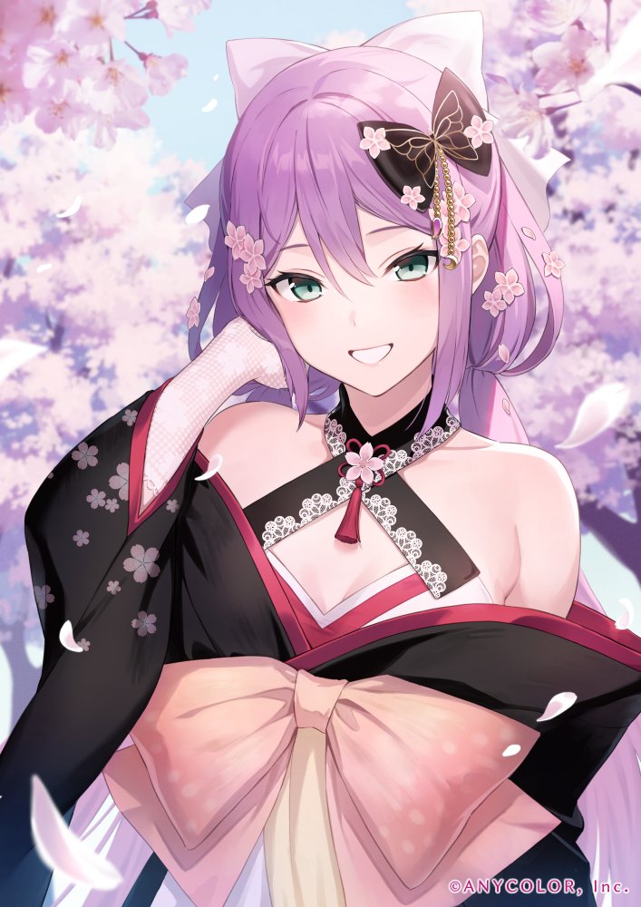 1girl bare_shoulders black_hair blush bow cherry_blossoms clothing_cutout collarbone diamond_cutout floral_print flower green_eyes hair_flower hair_ornament large_bow long_hair long_sleeves nijisanji outdoors patterned patterned_clothing petals pink_flower pink_theme purple_hair sakura_ritsuki smile solo tassel teeth tokki twintails virtual_youtuber white_bow wide_sleeves