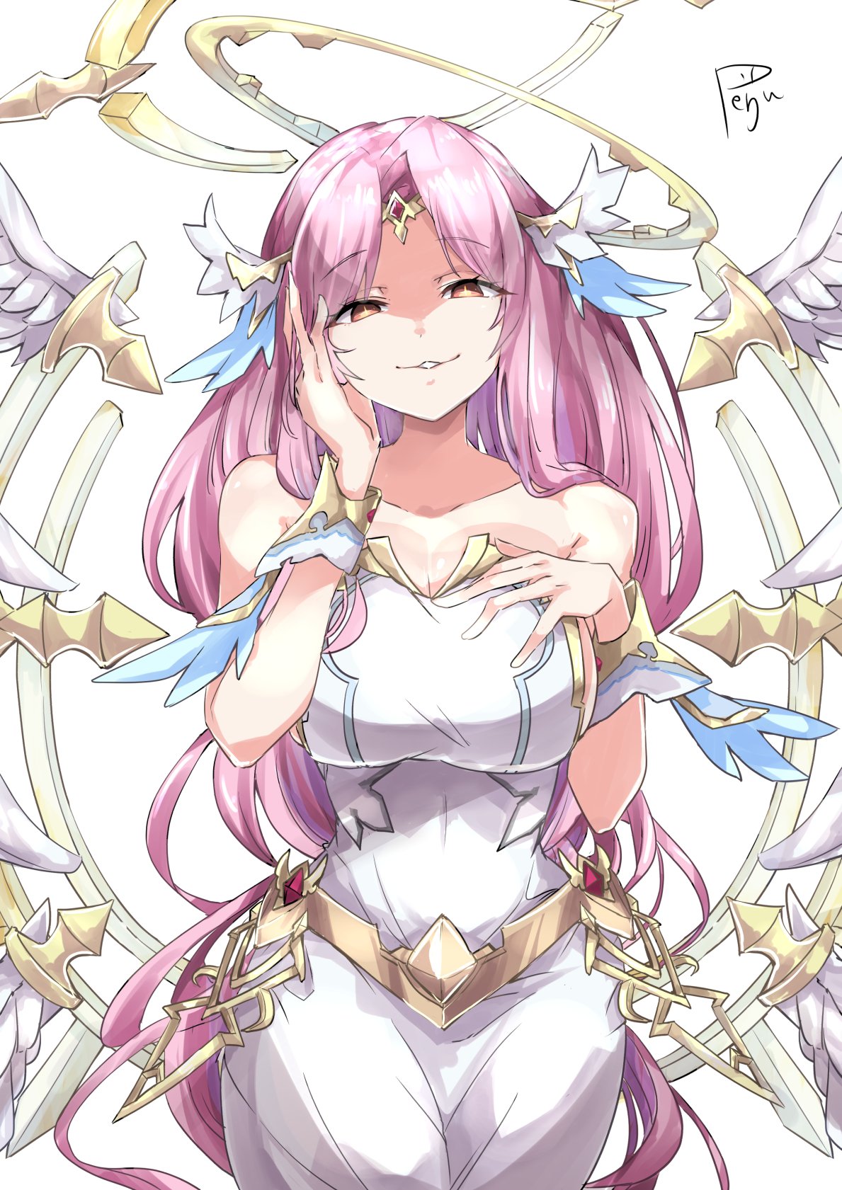 1girl archangel_gabriel_(guardian_tales) bangs bare_shoulders breasts circlet dress eyebrows_visible_through_hair hair_ornament halo highres large_breasts long_hair looking_at_viewer no_bra parted_bangs pepepepenguinpe pink_hair shaded_face signature smug white_background white_dress yellow_eyes